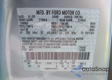 2009 Mercury Mariner Premier z USA, uszkodzony, nr VIN 4M2CU97739KJ14224